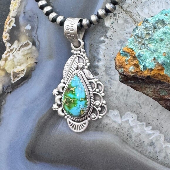 Sterling Southwestern Style Teardrop Sonora Gold Turquoise Decorated Pendant - Picture 4 of 10